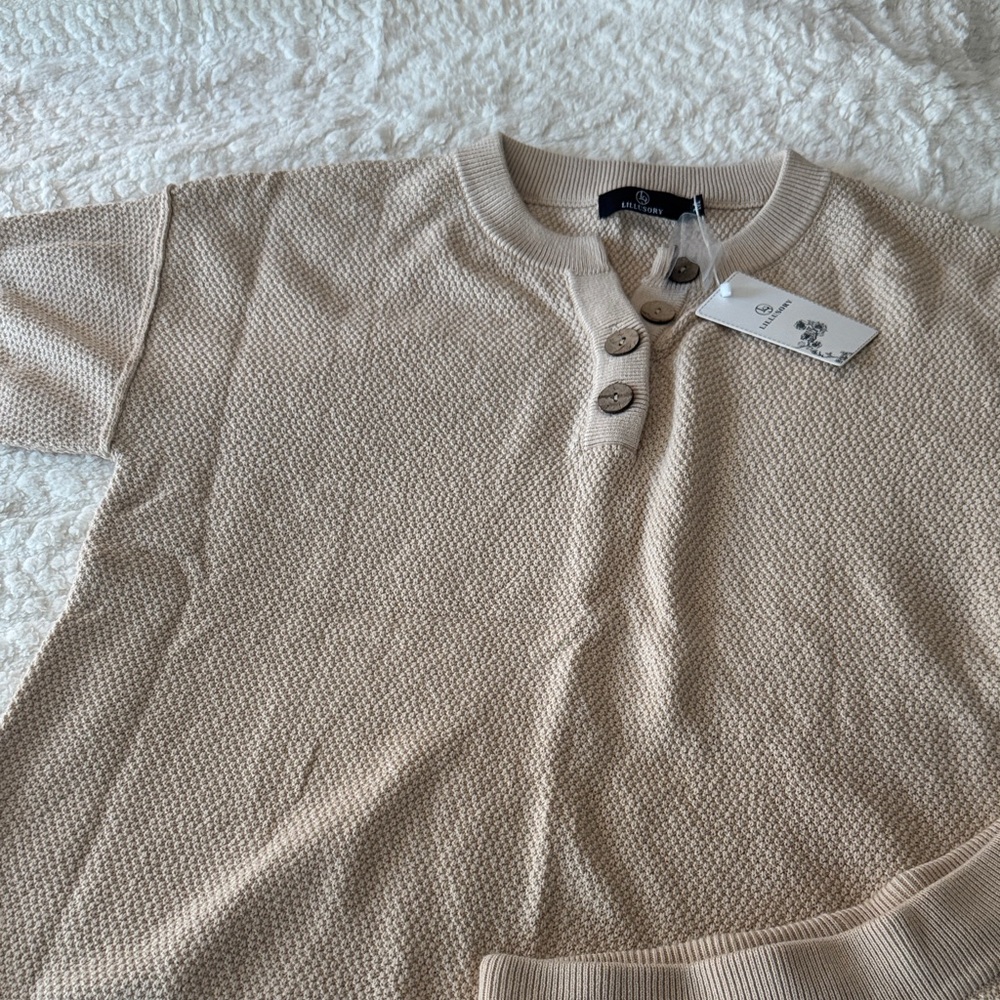 Beige Textured Short Sleeve Henley Top